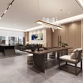 Modern Office Interior With Executive Desk Comfortable Chair Wooden Bookshelves And Decorative Wall Art