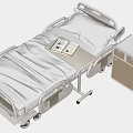 Modern Hospital Bed with White Sheets Movable Tray Table Open Book and Wheeled Nightstand