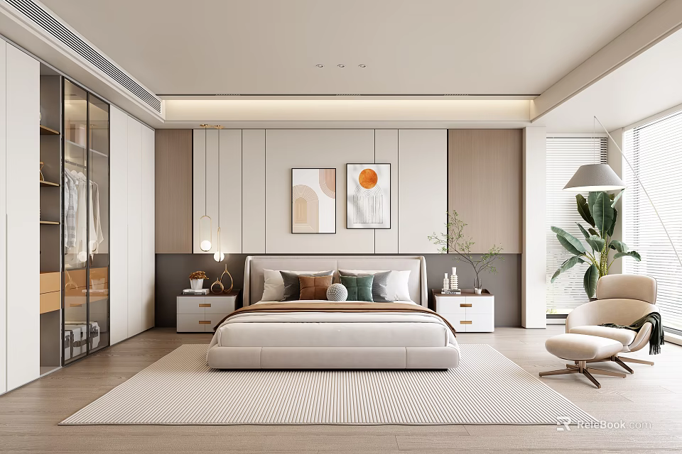 Modern Cozy Bedroom Interior With Comfortable Bed Decorative Paintings Glass Wardrobe Accent Chair And Green Plant 3d model 