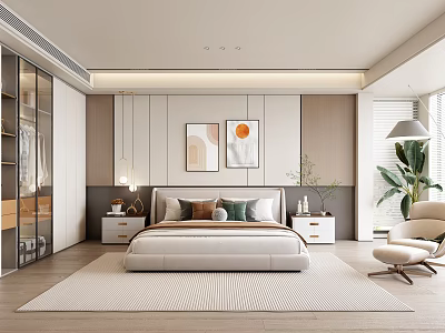 Modern Cozy Bedroom Interior With Comfortable Bed Decorative Paintings Glass Wardrobe Accent Chair And Green Plant 3d model
