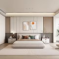 Modern Cozy Bedroom Interior With Comfortable Bed Decorative Paintings Glass Wardrobe Accent Chair And Green Plant