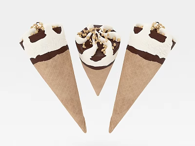 Creamy Vanilla And Chocolate Ice Cream Cones With Nut Toppings 3d model
