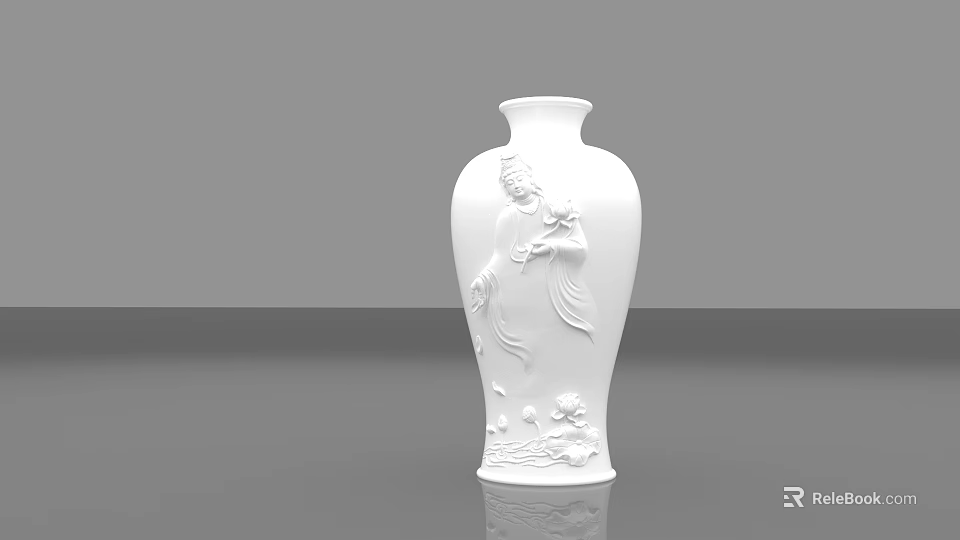White Ceramic Vase With Carved Lotus Flowers And Figure On Smooth Gray Background 3d model 