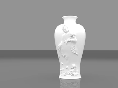 White Ceramic Vase With Carved Lotus Flowers And Figure On Smooth Gray Background 3d model
