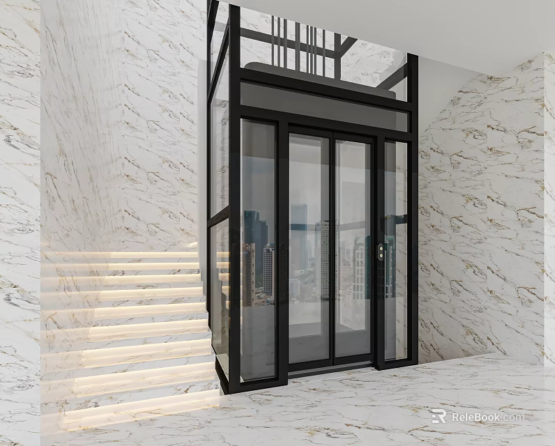 Modern Glass Elevator With Black Frame In Marble Wall Interior And Staircase 3d model 