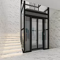 Modern Glass Elevator With Black Frame In Marble Wall Interior And Staircase 3d model