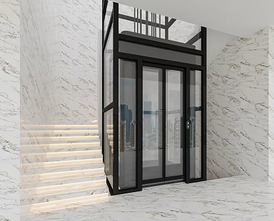 Modern Glass Elevator With Black Frame In Marble Wall Interior And Staircase 3d model