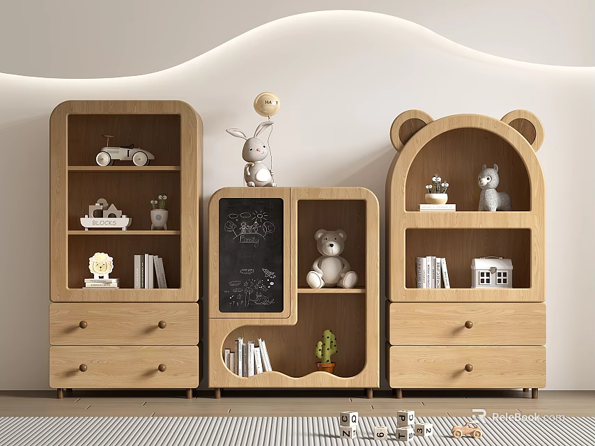 Wooden Kids Bookcases with Drawers Shelves Toys Books and Chalkboard Design 3d model 