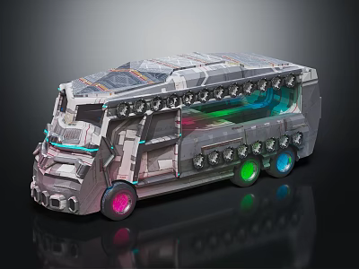 Futuristic Silver Bus With Transparent Roof Colorful Lights And Modern Tech Design 3d model