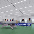 Indoor Table Tennis Fitness Space With Green Floor Blue Barriers And Bright Lighting