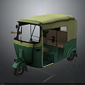 Three Wheeled Green Yellow Motorcycle with Yellow Canopy Open Door and Brown Seats