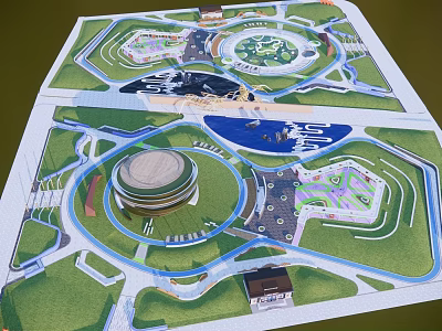 Park Landscape Layout with Circular Paths Round Building and Water Features 3d model