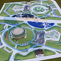 Park Landscape Layout with Circular Paths Round Building and Water Features 3d model