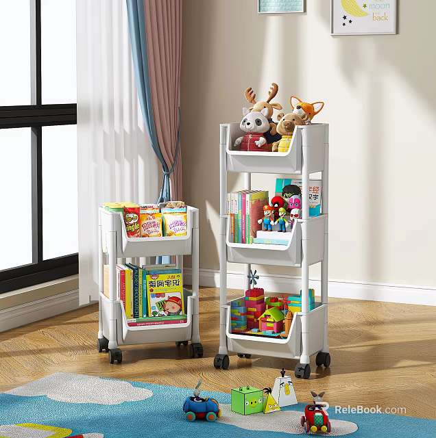 Multi Tier Rolling Storage Shelf Unit For Kids Room With Toys And Books 3d model 