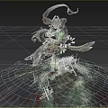 Mythical Warrior In Flowing Attire Battles Water Creature On Turbulent Waves With Broken Ships