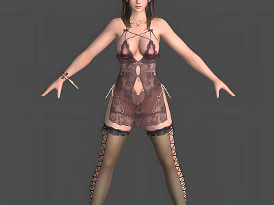 Woman Wearing Sheer Lace Lingerie With Halter Design And Strappy Patterned Stockings 3d model