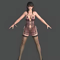 Woman Wearing Sheer Lace Lingerie With Halter Design And Strappy Patterned Stockings
