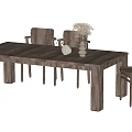 Natural Wooden Dining Table Set With Matching Chairs And Decorative Ornaments