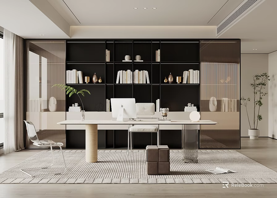 Modern Study Room Interior With Black Bookshelves Desk Computer And Decorative Items 3d model