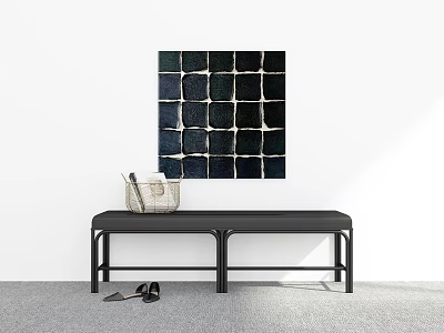 Abstract Square Painting On White Wall With Black Bench Woven Bag And Shoes 3d model