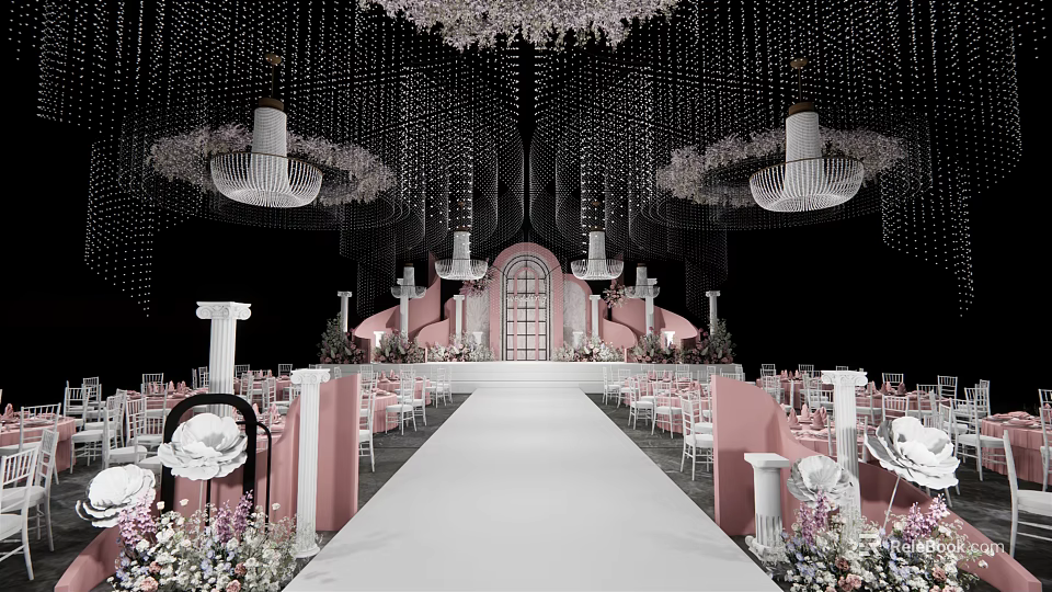 Stunning Banquet Hall Interior With Luxurious Chandeliers Pink Decor And Long White Aisle 3d model 