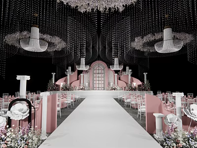 Stunning Banquet Hall Interior With Luxurious Chandeliers Pink Decor And Long White Aisle 3d model