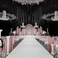 Stunning Banquet Hall Interior With Luxurious Chandeliers Pink Decor And Long White Aisle