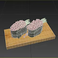 Fish Roe Sushi Served On Wooden Plate Against Black Background