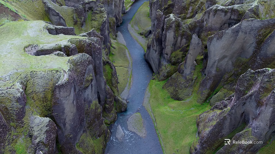 Scenic Canyon Landscape With River Flowing Through Moss Covered Rock Cliffs And Green Grass 3d model 