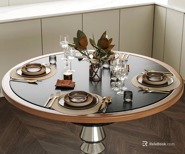 Dinnerware Set on Round Dining Table with Black Tabletop Wooden Frame Silver Legs Green Plants 3d model 