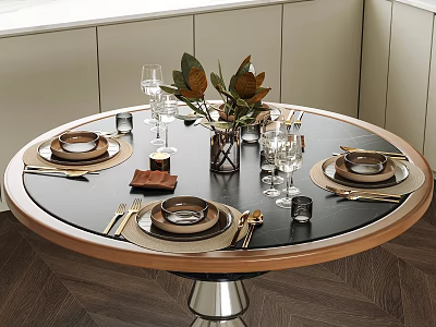 Dinnerware Set on Round Dining Table with Black Tabletop Wooden Frame Silver Legs Green Plants 3d model