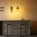 Modern Bar Counter with Stone Surface Two Bar Stools and Hanging Pendant Lights 3d model