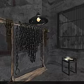 Industrial Style Interior With Stone Walls Wooden Rack Chains Hanging Lamp And Iron Bars Window