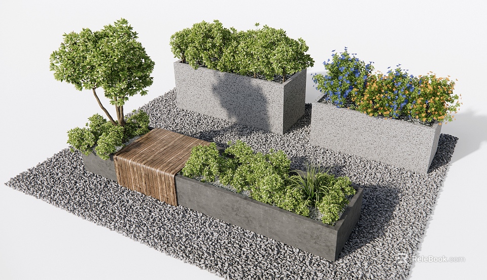 Outdoor Garden Planters With Gray Concrete Flower Pots Green Plants And Wooden Bench 3d model 