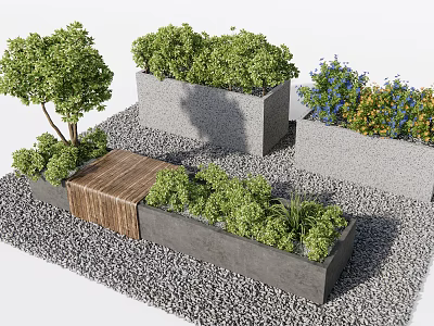 Outdoor Garden Planters With Gray Concrete Flower Pots Green Plants And Wooden Bench 3d model