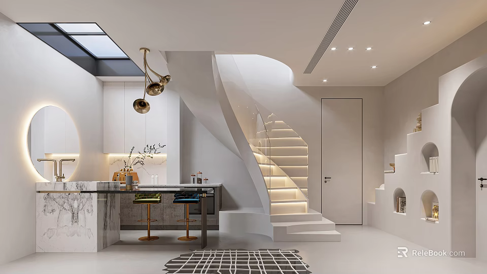 Modern Open Layout Entertainment Room Interior With Cozy Seating And Entertainment Systems 3d model