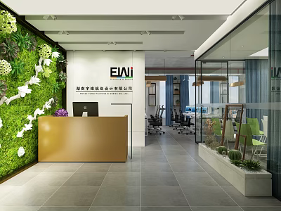 Modern Office Reception Area with Golden Desk Green Plant Wall Company Logo and Glass Partitions 3d model