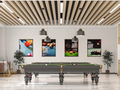 Modern Billiard Room Interior With Green Pool Table Hanging Lights And Decorative Posters 3d model