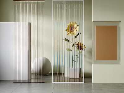 Modern Interior With Transparent Striped Room Divider And Sunflower In Vase 3d model