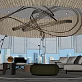 Modern Casual Area With Sofa Carpet Floor Lamp Circular Chandelier And City View