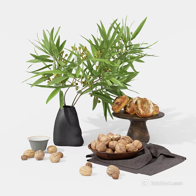 Delicious Bread and Walnuts on Wooden Tray with Green Plants Black Vase and Gray Cloth 3d model 