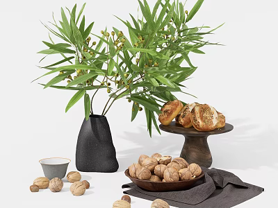 Delicious Bread and Walnuts on Wooden Tray with Green Plants Black Vase and Gray Cloth 3d model
