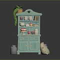 Light Blue Sideboard With Shelves Holding Dishes Cups Cake And Potted Plant