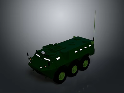 Green Armored Military Vehicle With Six Wheels Antenna And Headlights Design 3d model