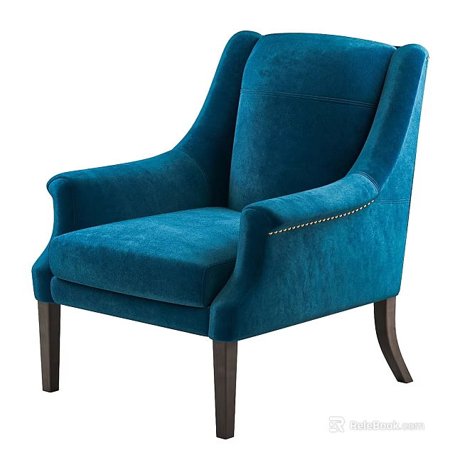 Elegant Blue Velvet Accent Chair With Studded Armrest And Dark Wooden Legs 3d model 