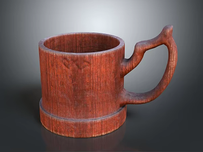 Unique Rustic Handcrafted Wooden Mug Featuring Carved Patterns And Curved Handle 3d model