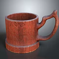 Unique Rustic Handcrafted Wooden Mug Featuring Carved Patterns And Curved Handle