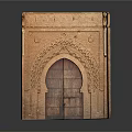 Arabic Style Entrance Gate With Arched Wooden Door And Intricate Stone Carvings