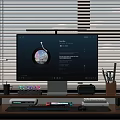 Modern Work Desk Setup With Computer Monitor Office Supplies And Blinds