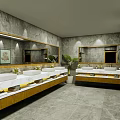 Spacious SPA Sauna Interior With Wooden Partitions And Gray Marble Walls